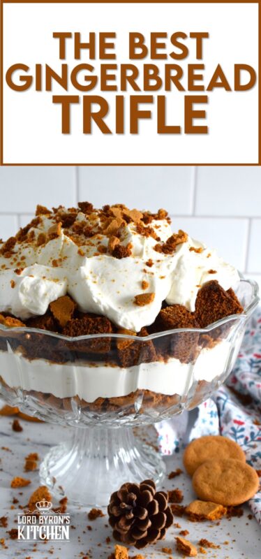 Homemade gingerbread cake makes up the bulk of this Gingerbread Trifle. Layered with fluffy whipped cream, crushed gingersnap cookies, and candied sugary ginger, this dessert is the perfect warm and cozy finish to a family holiday meal! #gingerbread #trifle #ginger #nobake