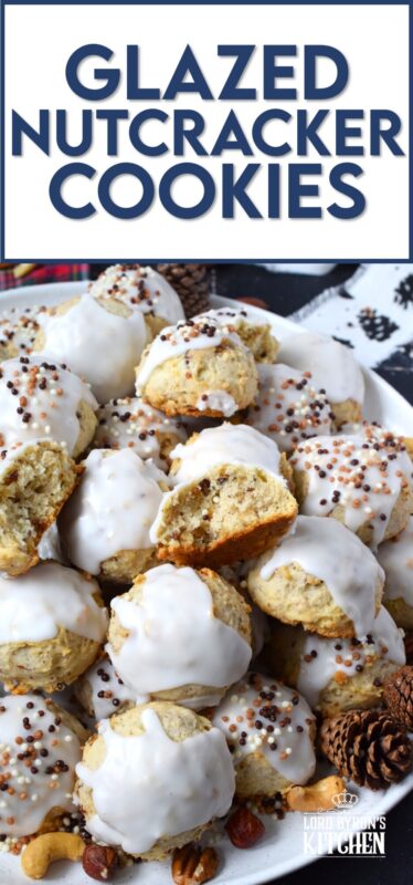Alert the Mouse King because these Glazed Nutcracker Cookies are prepared with a copious amount of chopped nuts! Using salted nuts balances out the sweetness of the delicate, soft cookie and provides ample crunch and texture. Make extra and share them with your friends - just don't snack on them at the ballet! #nutcracker #christmas #cookies #glazed #nuts #nutty
