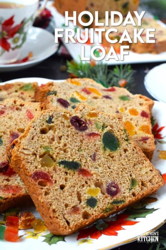 Serve this Holiday Fruitcake Loaf with a cup of hot tea at your year-end bookclub meeting, with your fellow card sharp at this week's cribbage game, or enjoy a slice alone in your living room with a good book on a lazy, snowy Sunday afternoon. Prepared with dried and candied fruit which has been soaked in strong tea, this loaf is moist and delicious! #fruitcake #christmas #loaf #bread #paradise