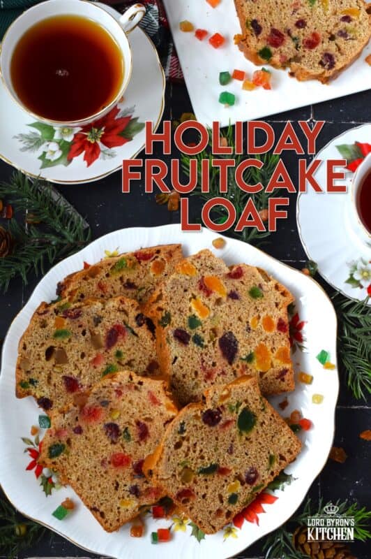 Serve this Holiday Fruitcake Loaf with a cup of hot tea at your year-end bookclub meeting, with your fellow card sharp at this week's cribbage game, or enjoy a slice alone in your living room with a good book on a lazy, snowy Sunday afternoon. Prepared with dried and candied fruit which has been soaked in strong tea, this loaf is moist and delicious! #fruitcake #christmas #loaf #bread #paradise
