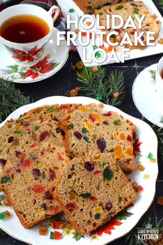 Serve this Holiday Fruitcake Loaf with a cup of hot tea at your year-end bookclub meeting, with your fellow card sharp at this week's cribbage game, or enjoy a slice alone in your living room with a good book on a lazy, snowy Sunday afternoon. Prepared with dried and candied fruit which has been soaked in strong tea, this loaf is moist and delicious! #fruitcake #christmas #loaf #bread #paradise