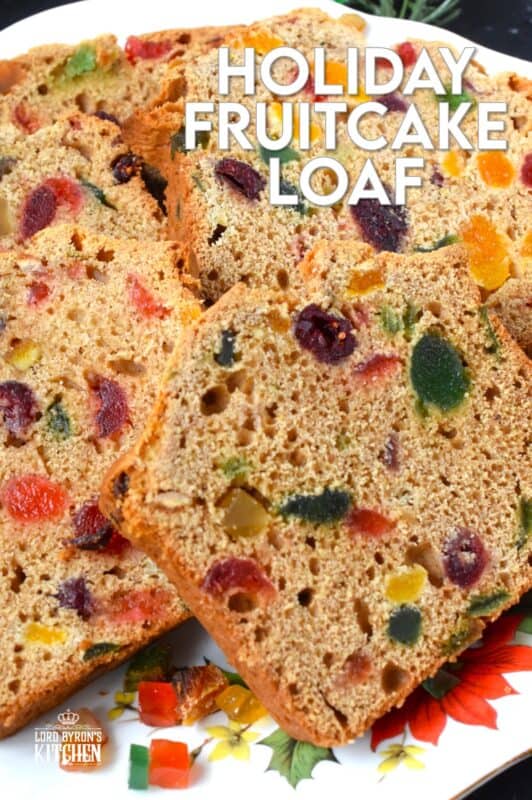 Serve this Holiday Fruitcake Loaf with a cup of hot tea at your year-end bookclub meeting, with your fellow card sharp at this week's cribbage game, or enjoy a slice alone in your living room with a good book on a lazy, snowy Sunday afternoon. Prepared with dried and candied fruit which has been soaked in strong tea, this loaf is moist and delicious! #fruitcake #christmas #loaf #bread #paradise