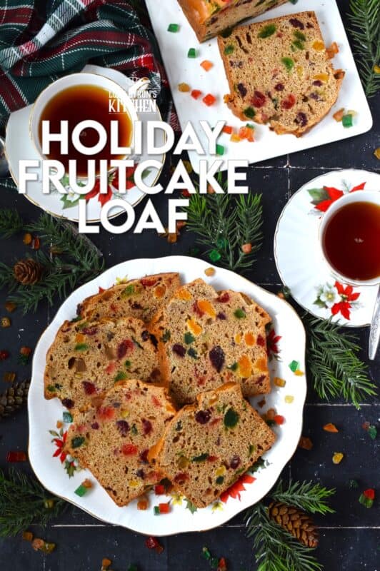 Serve this Holiday Fruitcake Loaf with a cup of hot tea at your year-end bookclub meeting, with your fellow card sharp at this week's cribbage game, or enjoy a slice alone in your living room with a good book on a lazy, snowy Sunday afternoon. Prepared with dried and candied fruit which has been soaked in strong tea, this loaf is moist and delicious! #fruitcake #christmas #loaf #bread #paradise