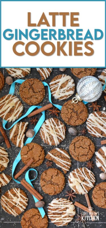 Latte Gingerbread Cookies are prepared with classic Christmas ingredients like ginger, cloves, cinnamon, instant espresso powder, and molasses. Once baked, the cookies are drizzled with a brown butter frosting. The taste of these cookies instantly floods the senses with memories of Christmases past! #gingerbread #latte #cookies #espresso #christmas