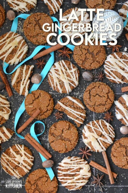 Latte Gingerbread Cookies are prepared with classic Christmas ingredients like ginger, cloves, cinnamon, instant espresso powder, and molasses. Once baked, the cookies are drizzled with a brown butter frosting. The taste of these cookies instantly floods the senses with memories of Christmases past! #gingerbread #latte #cookies #espresso #christmas