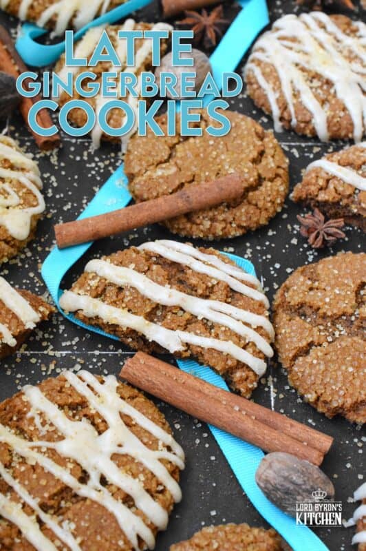 Latte Gingerbread Cookies are prepared with classic Christmas ingredients like ginger, cloves, cinnamon, instant espresso powder, and molasses. Once baked, the cookies are drizzled with a brown butter frosting. The taste of these cookies instantly floods the senses with memories of Christmases past! #gingerbread #latte #cookies #espresso #christmas