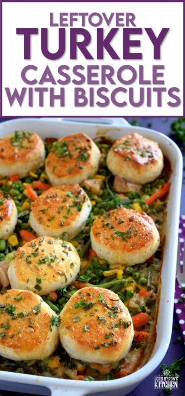 A home-style, family-favourite casserole was never this easy! Use leftover turkey and store-bought biscuits, canned condensed soup, and frozen veggies to prepare this hearty Leftover Turkey Casserole with Biscuits the whole family will love! #casserole #leftover #turkey #biscuits
