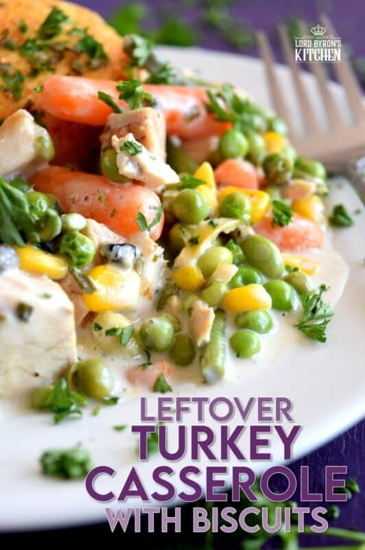A home-style, family-favourite casserole was never this easy! Use leftover turkey and store-bought biscuits, canned condensed soup, and frozen veggies to prepare this hearty Leftover Turkey Casserole with Biscuits the whole family will love! #casserole #leftover #turkey #biscuits