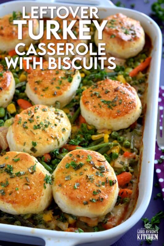 A home-style, family-favourite casserole was never this easy! Use leftover turkey and store-bought biscuits, canned condensed soup, and frozen veggies to prepare this hearty Leftover Turkey Casserole with Biscuits the whole family will love! #casserole #leftover #turkey #biscuits