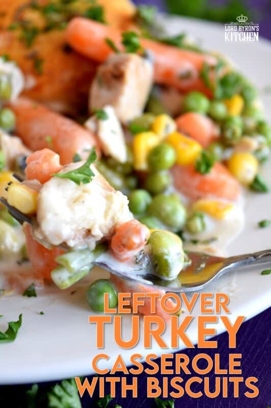 A home-style, family-favourite casserole was never this easy! Use leftover turkey and store-bought biscuits, canned condensed soup, and frozen veggies to prepare this hearty Leftover Turkey Casserole with Biscuits the whole family will love! #casserole #leftover #turkey #biscuits