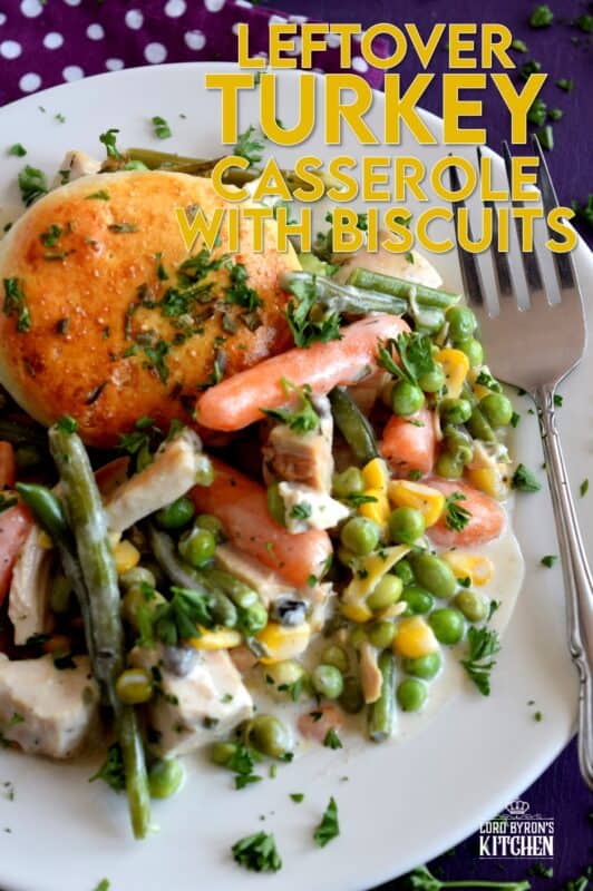 A home-style, family-favourite casserole was never this easy! Use leftover turkey and store-bought biscuits, canned condensed soup, and frozen veggies to prepare this hearty Leftover Turkey Casserole with Biscuits the whole family will love! #casserole #leftover #turkey #biscuits