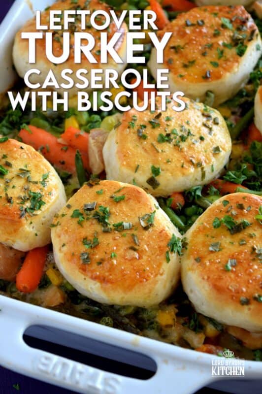 A home-style, family-favourite casserole was never this easy! Use leftover turkey and store-bought biscuits, canned condensed soup, and frozen veggies to prepare this hearty Leftover Turkey Casserole with Biscuits the whole family will love! #casserole #leftover #turkey #biscuits