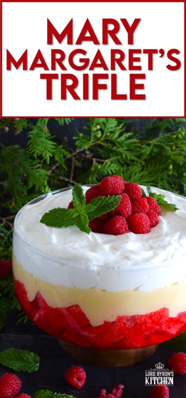 Mary Margaret's Trifle is a simple, rustic, uncomplicated dessert comprised of three layers. Starting with a pound cake layer where the cake is soaked in raspberry jello, followed by a thick layer of custard and topped with freshly prepared whipped cream. #trifle #vintage #retro #raspberry #jello #custard