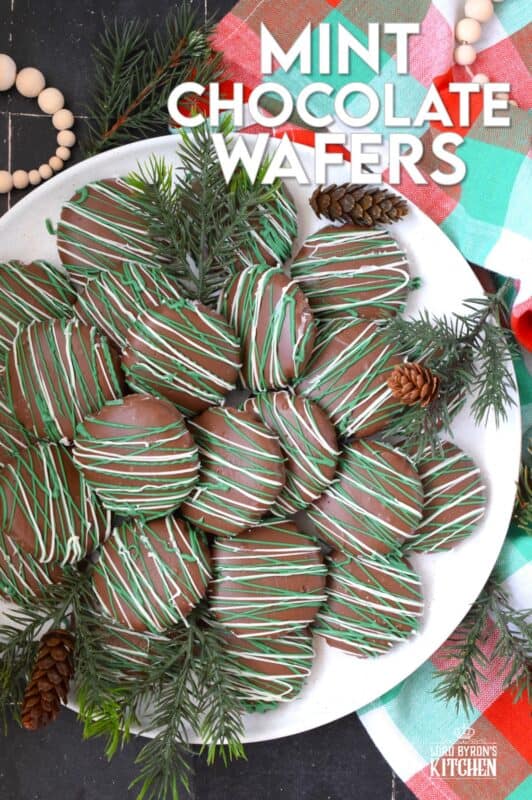 These Mint Chocolate Wafers are prepared with a deep, rich, chocolate cookie base.  Made extra chocolatey with good cocoa and melted chocolate, these cookies are infused with lots of mint flavour.  And, Christmas baking is never complete without a good drizzle of melted chocolate! #wafer #mint #chocolate #cookies