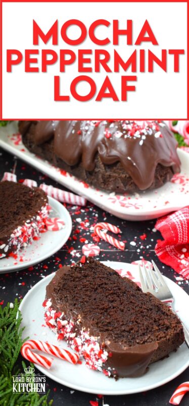 When you combine cocoa, coffee, and peppermint, they form the perfect flavour combination; and these flavours are bold and delicious in this Mocha Peppermint Loaf. Because this loaf is made with buttermilk, it remains very moist. Drizzled with a peppermint ganache and topped with crushed peppermint candy, this loaf is certainly decadent! This recipe makes two loaves - one for you and one to share! #mocha #loaf #cake #peppermint #chocolate #candycanes