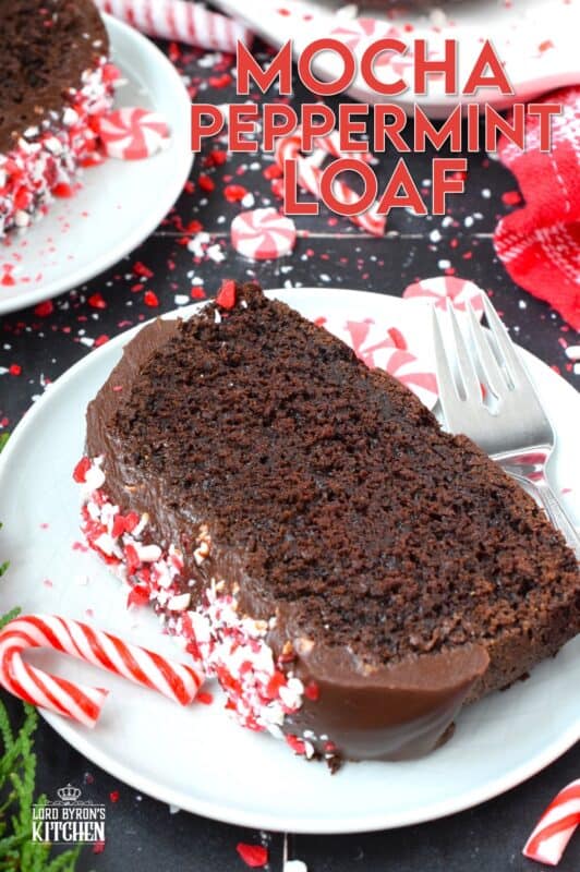 When you combine cocoa, coffee, and peppermint, they form the perfect flavour combination; and these flavours are bold and delicious in this Mocha Peppermint Loaf. Because this loaf is made with buttermilk, it remains very moist. Drizzled with a peppermint ganache and topped with crushed peppermint candy, this loaf is certainly decadent! This recipe makes two loaves - one for you and one to share! #mocha #loaf #cake #peppermint #chocolate #candycanes