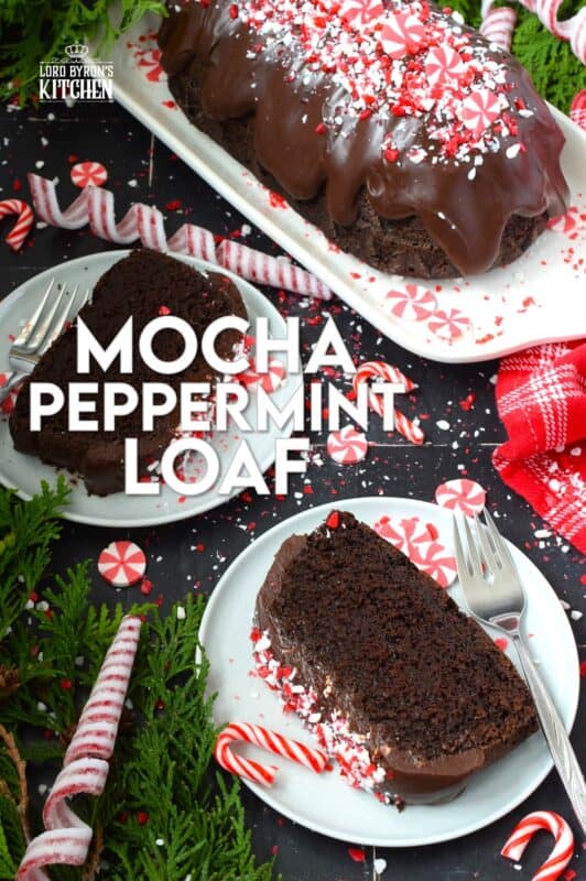 When you combine cocoa, coffee, and peppermint, they form the perfect flavour combination; and these flavours are bold and delicious in this Mocha Peppermint Loaf. Because this loaf is made with buttermilk, it remains very moist. Drizzled with a peppermint ganache and topped with crushed peppermint candy, this loaf is certainly decadent! This recipe makes two loaves - one for you and one to share! #mocha #loaf #cake #peppermint #chocolate #candycanes