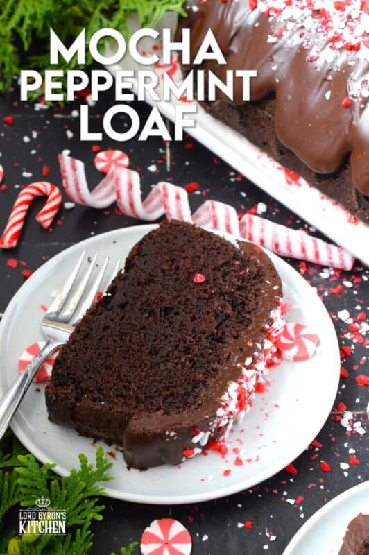 When you combine cocoa, coffee, and peppermint, they form the perfect flavour combination; and these flavours are bold and delicious in this Mocha Peppermint Loaf. Because this loaf is made with buttermilk, it remains very moist. Drizzled with a peppermint ganache and topped with crushed peppermint candy, this loaf is certainly decadent! This recipe makes two loaves - one for you and one to share! #mocha #loaf #cake #peppermint #chocolate #candycanes