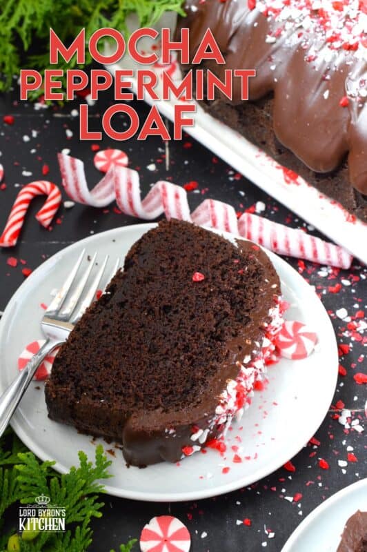 When you combine cocoa, coffee, and peppermint, they form the perfect flavour combination; and these flavours are bold and delicious in this Mocha Peppermint Loaf. Because this loaf is made with buttermilk, it remains very moist. Drizzled with a peppermint ganache and topped with crushed peppermint candy, this loaf is certainly decadent! This recipe makes two loaves - one for you and one to share! #mocha #loaf #cake #peppermint #chocolate #candycanes