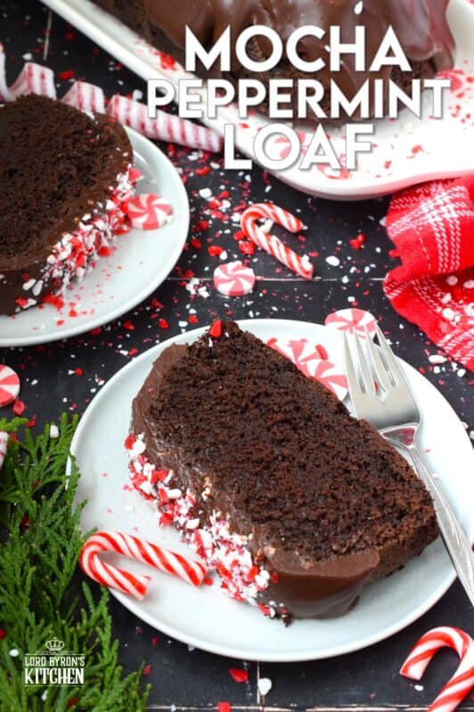 When you combine cocoa, coffee, and peppermint, they form the perfect flavour combination; and these flavours are bold and delicious in this Mocha Peppermint Loaf. Because this loaf is made with buttermilk, it remains very moist. Drizzled with a peppermint ganache and topped with crushed peppermint candy, this loaf is certainly decadent! This recipe makes two loaves - one for you and one to share! #mocha #loaf #cake #peppermint #chocolate #candycanes