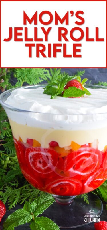 Mom's Jelly Roll Trifle starts with a store-bought raspberry jelly roll that is sliced and layered with raspberry jello, custard, fruit cocktail, and dream whip. This uncomplicated dessert, with its humble beginnings, is how I remember my mom's deliciously satisfying Sunday trifle. #trifle #cocktail #jellyroll #dessert