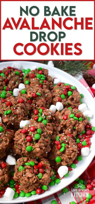 Time is short at Christmas with so many things to do, so incorporate some no-bake cookie options into your holiday baking to make your life easier. No Bake Avalanche Drop Cookies are prepared with chocolate, peanut butter, marshmallows, cereal, and candy. They are quick, easy, budget-friendly, and of course, delicious! #nobake #peanutbutter #drop #cookies #mm #christmas