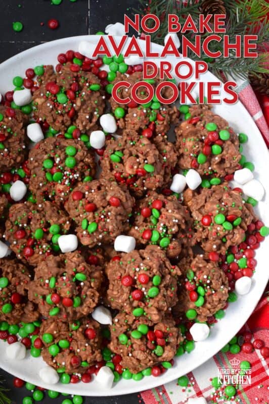 Time is short at Christmas with so many things to do, so incorporate some no-bake cookie options into your holiday baking to make your life easier. No Bake Avalanche Drop Cookies are prepared with chocolate, peanut butter, marshmallows, cereal, and candy. They are quick, easy, budget-friendly, and of course, delicious! #nobake #peanutbutter #drop #cookies #mm #christmas