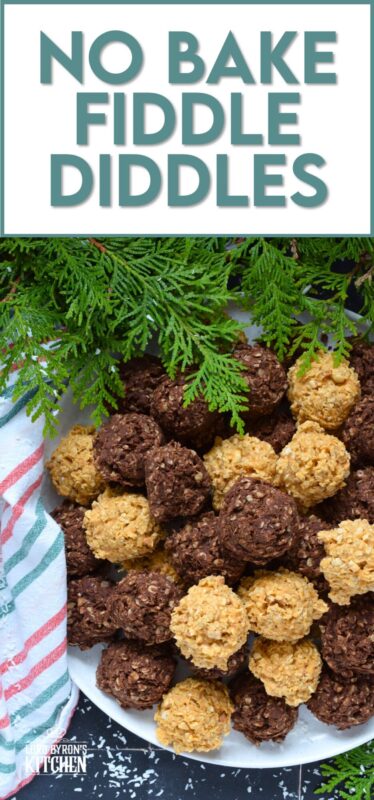 Fashioned much like a coconut macaroon, these No Bake Fiddle Diddles are all gussied up for the holidays! This recipe is quite easy; everything goes into one saucepan to combine, and then just drop spoonfuls of the mixture onto a lined baking sheet. Decorate with sprinkles, and candies, or leave them plain! Make both flavours because these are deliciously addictive! #nobake #fiddle #diddles #chocolate #peanutbutter #christmas