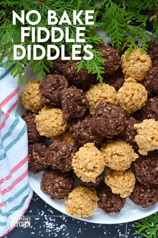 Fashioned much like a coconut macaroon, these No Bake Fiddle Diddles are all gussied up for the holidays! This recipe is quite easy; everything goes into one saucepan to combine, and then just drop spoonfuls of the mixture onto a lined baking sheet. Decorate with sprinkles, and candies, or leave them plain! Make both flavours because these are deliciously addictive! #nobake #fiddle #diddles #chocolate #peanutbutter #christmas