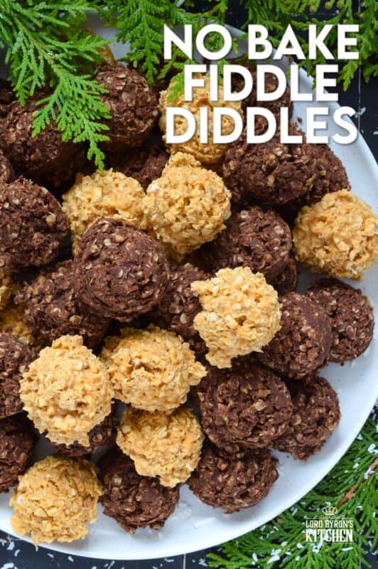 Fashioned much like a coconut macaroon, these No Bake Fiddle Diddles are all gussied up for the holidays! This recipe is quite easy; everything goes into one saucepan to combine, and then just drop spoonfuls of the mixture onto a lined baking sheet. Decorate with sprinkles, and candies, or leave them plain! Make both flavours because these are deliciously addictive! #nobake #fiddle #diddles #chocolate #peanutbutter #christmas