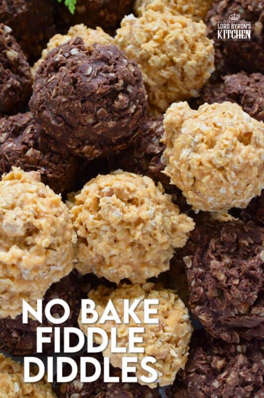 Fashioned much like a coconut macaroon, these No Bake Fiddle Diddles are all gussied up for the holidays! This recipe is quite easy; everything goes into one saucepan to combine, and then just drop spoonfuls of the mixture onto a lined baking sheet. Decorate with sprinkles, and candies, or leave them plain! Make both flavours because these are deliciously addictive! #nobake #fiddle #diddles #chocolate #peanutbutter #christmas