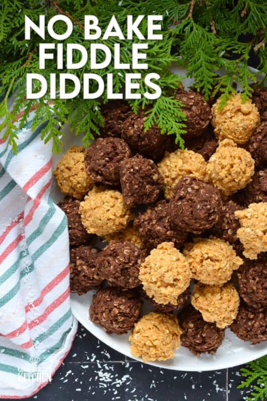 Fashioned much like a coconut macaroon, these No Bake Fiddle Diddles are all gussied up for the holidays! This recipe is quite easy; everything goes into one saucepan to combine, and then just drop spoonfuls of the mixture onto a lined baking sheet. Decorate with sprinkles, and candies, or leave them plain! Make both flavours because these are deliciously addictive! #nobake #fiddle #diddles #chocolate #peanutbutter #christmas