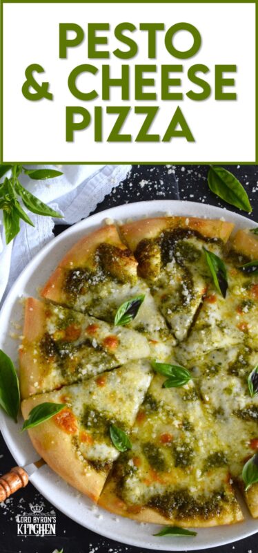 There is no steadfast rule that states pizza must be prepared with tomato sauce and the proof can be found right here in this Pesto and Cheese Pizza recipe! Start with a quick and easy homemade pesto sauce and a very simple pizza dough - you can use store-bought pesto and dough too! Either way, this pizza is bound to impress! #pizza #pesto #basil #vegetarian #cheese