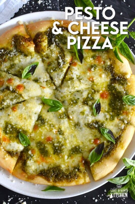 There is no steadfast rule that states pizza must be prepared with tomato sauce and the proof can be found right here in this Pesto and Cheese Pizza recipe! Start with a quick and easy homemade pesto sauce and a very simple pizza dough - you can use store-bought pesto and dough too! Either way, this pizza is bound to impress! #pizza #pesto #basil #vegetarian #cheese
