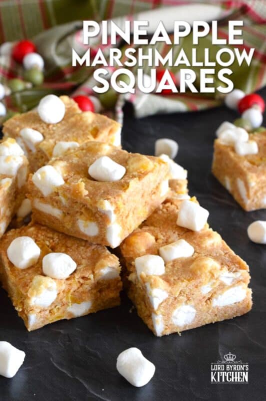 This no-bake recipe requires only four ingredients and about ten minutes of your time. Pineapple Marshmallow Squares are soft, moist, and chewy. They are great for freezing and can be prepared weeks or even months in advance! Optionally, add a splash of rum for a Christmas in the tropics flair! #pineapple #arrowroot #squares #bars #nobake