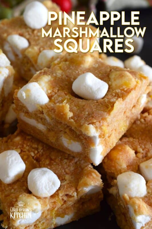 This no-bake recipe requires only four ingredients and about ten minutes of your time. Pineapple Marshmallow Squares are soft, moist, and chewy. They are great for freezing and can be prepared weeks or even months in advance! Optionally, add a splash of rum for a Christmas in the tropics flair! #pineapple #arrowroot #squares #bars #nobake