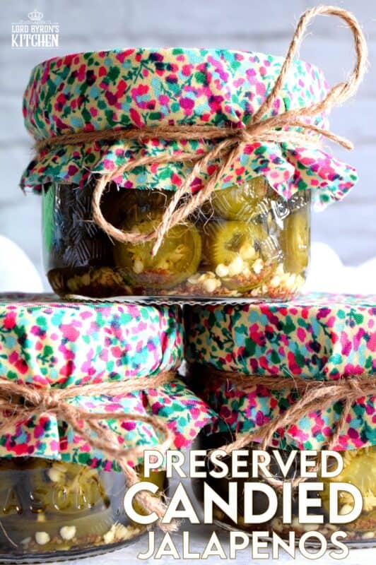 Preserved Candied Jalapenos are bite-sized morsels of heat and sweet - these are highly addictive, easy to prepare, and are a great addition to so many of your favourite recipes! This recipe makes four jars, but can easily be doubled or tripled if you feel like sharing! These make a great bring-along hostess gift too! #jalapenos #pickled #preserved #waterbath #canning