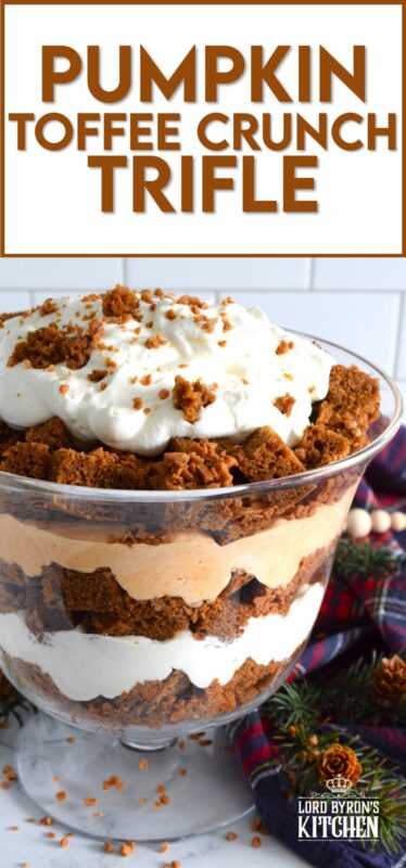This Pumpkin Toffee Crunch version draws inspiration from the classic English trifle and adds a North American twist by infusing many familiar pumpkin spices and flavours. Less than thirty minutes from start to finish, this no-bake trifle uses store-bought prepared ingredients to make the most delicious and swoon-worthy dessert! #pumpkinspice #trifle #nobake #toffee