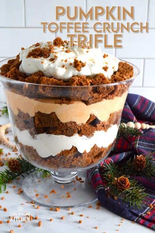This Pumpkin Toffee Crunch version draws inspiration from the classic English trifle and adds a North American twist by infusing many familiar pumpkin spices and flavours. Less than thirty minutes from start to finish, this no-bake trifle uses store-bought prepared ingredients to make the most delicious and swoon-worthy dessert! #pumpkinspice #trifle #nobake #toffee