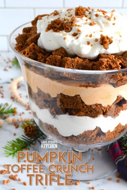 This Pumpkin Toffee Crunch version draws inspiration from the classic English trifle and adds a North American twist by infusing many familiar pumpkin spices and flavours. Less than thirty minutes from start to finish, this no-bake trifle uses store-bought prepared ingredients to make the most delicious and swoon-worthy dessert! #pumpkinspice #trifle #nobake #toffee