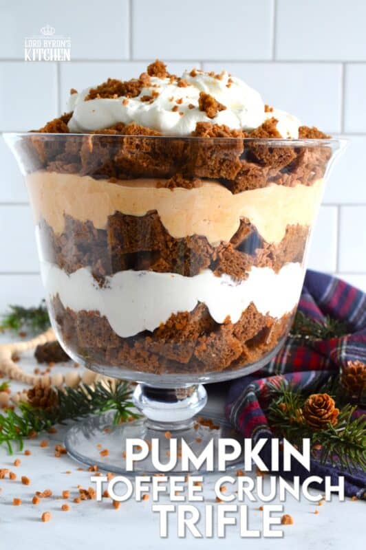 This Pumpkin Toffee Crunch version draws inspiration from the classic English trifle and adds a North American twist by infusing many familiar pumpkin spices and flavours. Less than thirty minutes from start to finish, this no-bake trifle uses store-bought prepared ingredients to make the most delicious and swoon-worthy dessert! #pumpkinspice #trifle #nobake #toffee