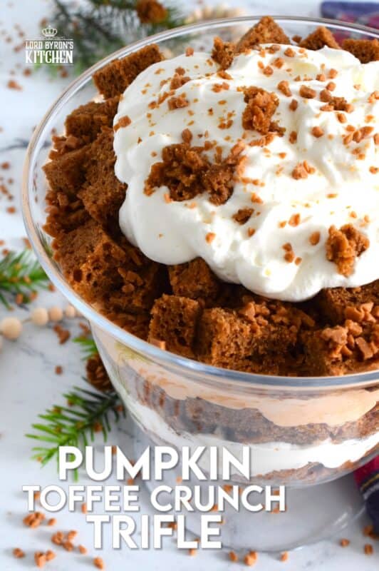 This Pumpkin Toffee Crunch version draws inspiration from the classic English trifle and adds a North American twist by infusing many familiar pumpkin spices and flavours. Less than thirty minutes from start to finish, this no-bake trifle uses store-bought prepared ingredients to make the most delicious and swoon-worthy dessert! #pumpkinspice #trifle #nobake #toffee