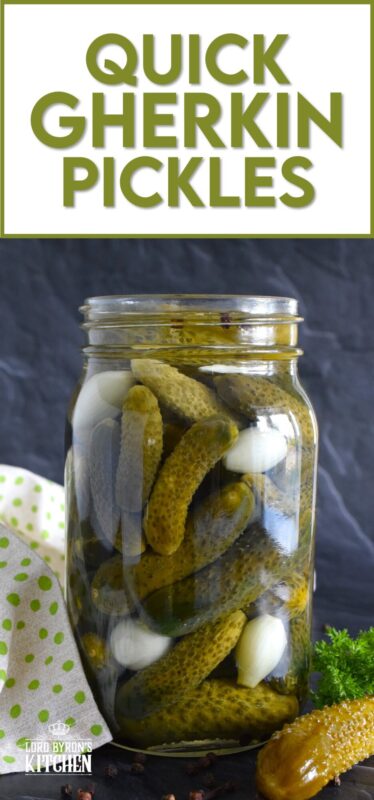 Call them gherkins, baby pickles, or cornichons - all three names apply here, but don't forget to describe these Quick Gherkin Pickles as delicious and crave-worthy!  No canning equipment or canning knowledge is necessary here because this is a quick pickle recipe.  It's easy to prepare just one large jar and store it in your fridge ready for your snacking needs and charcuterie plating! #gherkin #cornichon #pickles #quick #refrigerator