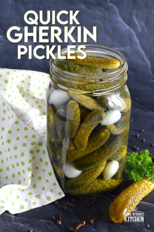 Call them gherkins, baby pickles, or cornichons - all three names apply here, but don't forget to describe these Quick Gherkin Pickles as delicious and crave-worthy!  No canning equipment or canning knowledge is necessary here because this is a quick pickle recipe.  It's easy to prepare just one large jar and store it in your fridge ready for your snacking needs and charcuterie plating! #gherkin #cornichon #pickles #quick #refrigerator