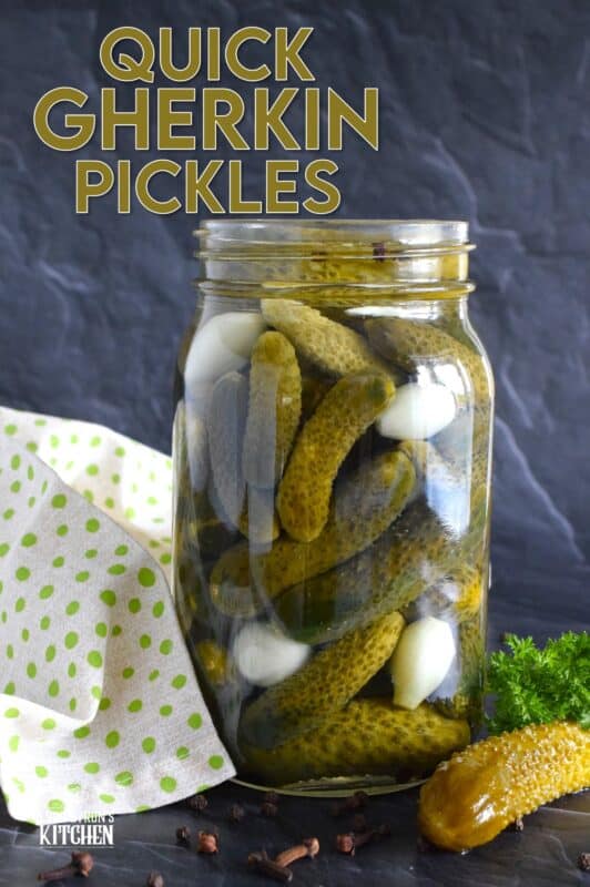 Call them gherkins, baby pickles, or cornichons - all three names apply here, but don't forget to describe these Quick Gherkin Pickles as delicious and crave-worthy!  No canning equipment or canning knowledge is necessary here because this is a quick pickle recipe.  It's easy to prepare just one large jar and store it in your fridge ready for your snacking needs and charcuterie plating! #gherkin #cornichon #pickles #quick #refrigerator