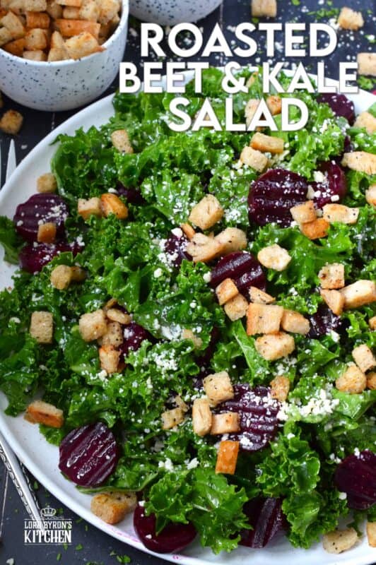 This salad is for my fellow beet lovers! Roasted Beet and Kale Salad is purposely made with very few ingredients so that the flavour of the beets is not masked. Roasted beets are tossed with crunchy, chopped kale, grated asiago cheese, croutons, and a lemon-based vinaigrette. #kale #beets #roasted #salad