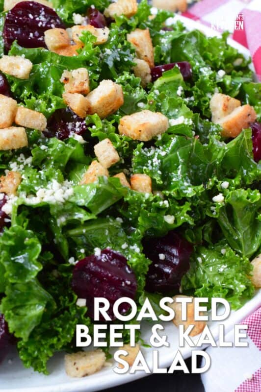This salad is for my fellow beet lovers! Roasted Beet and Kale Salad is purposely made with very few ingredients so that the flavour of the beets is not masked. Roasted beets are tossed with crunchy, chopped kale, grated asiago cheese, croutons, and a lemon-based vinaigrette. #kale #beets #roasted #salad