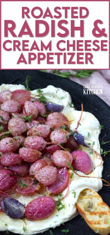 A beautifully delicious app or side, this Roasted Radish and Cream Cheese Appetizer recipe is quick and easy to prepare! The cream cheese spread is filled with fresh, robust flavour while the radishes are roasted until tender in a mild and simple salt and pepper seasoning. Drizzle with honey for a touch of sweetness! #appetizer #roasted #radish #honey #dip