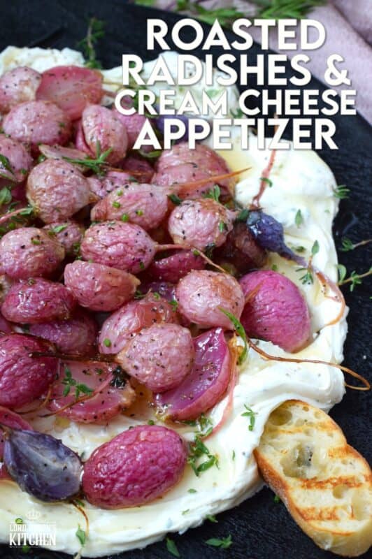 A beautifully delicious app or side, this Roasted Radish and Cream Cheese Appetizer recipe is quick and easy to prepare! The cream cheese spread is filled with fresh, robust flavour while the radishes are roasted until tender in a mild and simple salt and pepper seasoning. Drizzle with honey for a touch of sweetness! #appetizer #roasted #radish #honey #dip