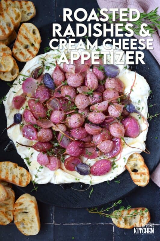 A beautifully delicious app or side, this Roasted Radish and Cream Cheese Appetizer recipe is quick and easy to prepare! The cream cheese spread is filled with fresh, robust flavour while the radishes are roasted until tender in a mild and simple salt and pepper seasoning. Drizzle with honey for a touch of sweetness! #appetizer #roasted #radish #honey #dip
